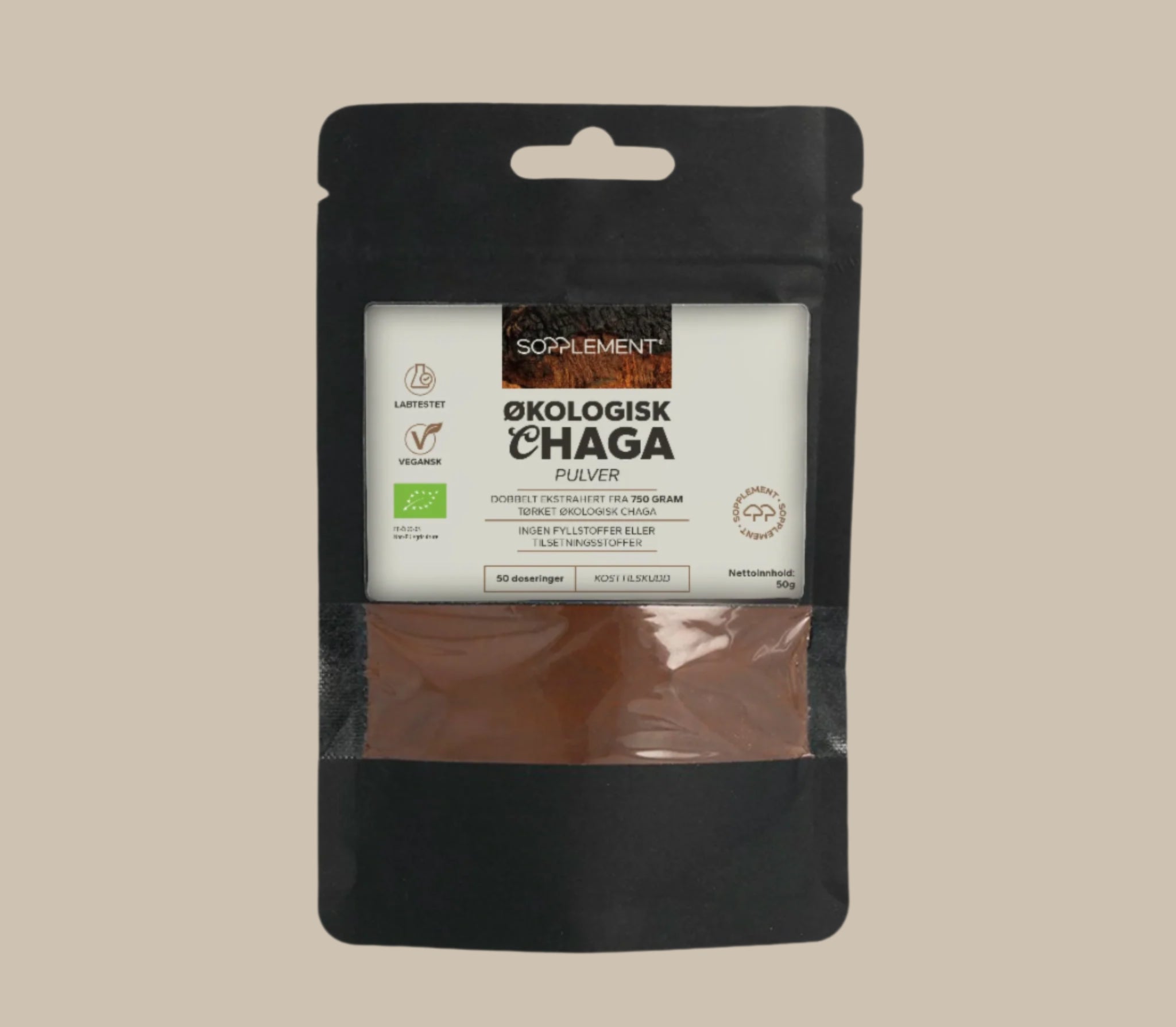 Økologisk Chaga pulverekstrakt 50 g – dobbelekstrakt fra Sopplement