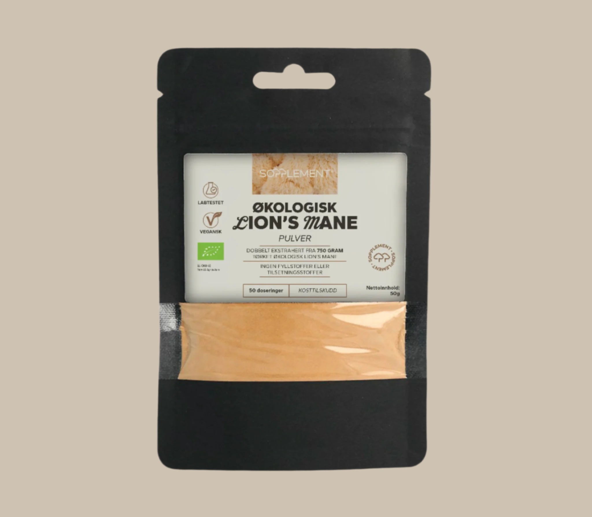 Økologisk Lion’s Mane pulverekstrakt 50 g – dobbelekstrakt fra Sopplement