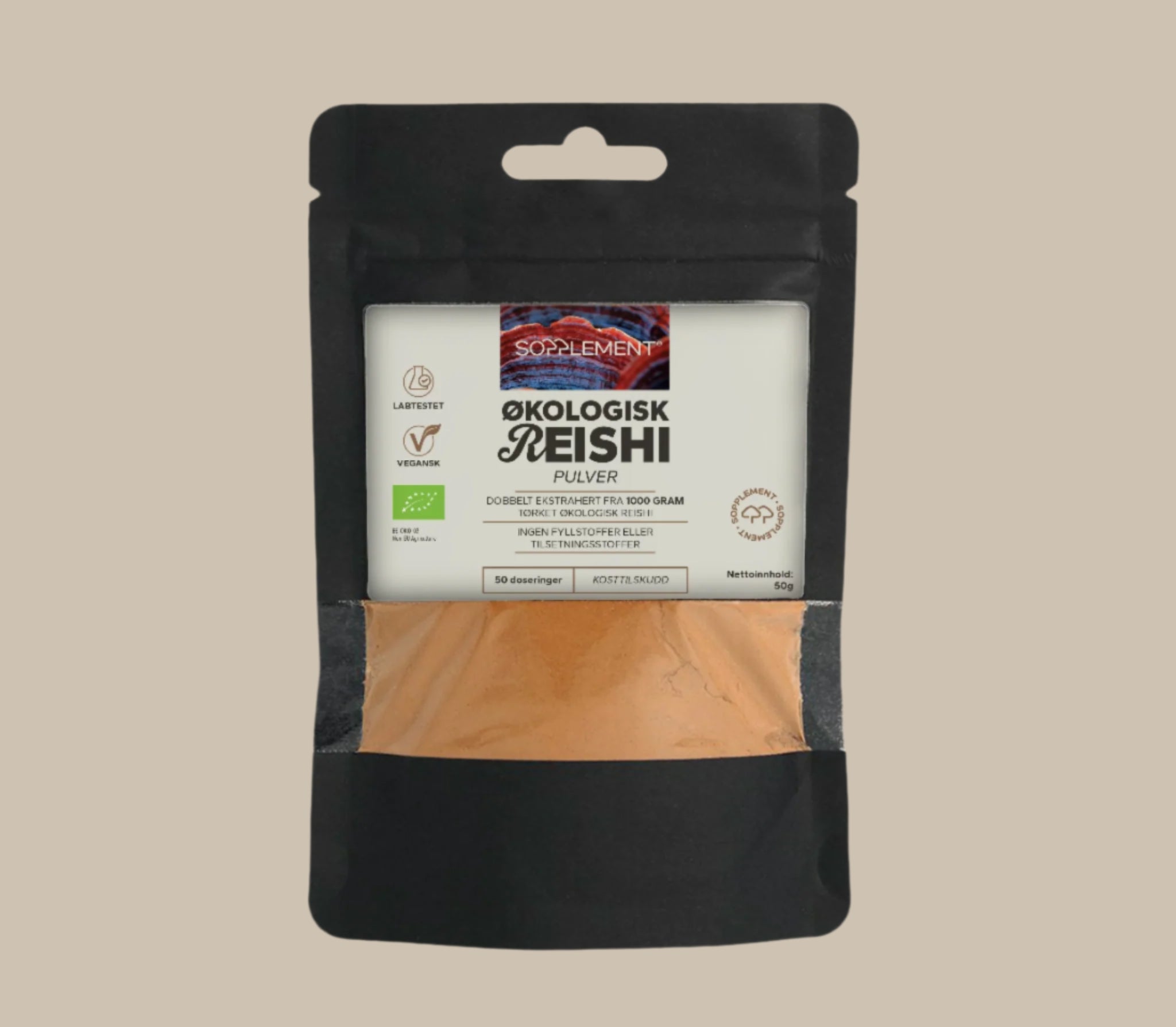 Økologisk Reishi pulverekstrakt 50 g – dobbelekstrakt fra Sopplement